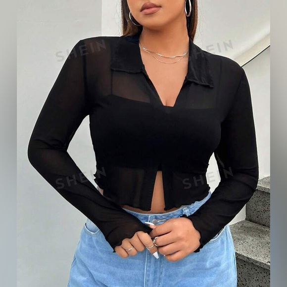 SHEIN Sheer Long Sleeve V-Neck Collared Mesh Black Crop Top EUC - Picture 7 of 9